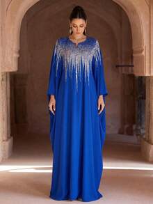 新款优雅复古圆领镂空长款阿拉伯传统长袍 - 寶藍色 - 查看 6