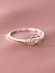 HuooNew Fashionable 925 Sterling Silver Heart-Shaped Cubic Zirconia Adjustable Single Ring, Suitable For Women's Daily Wear - Silver - View 5
