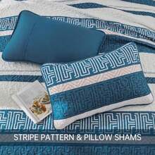 Quilt Set Queen Size Blue Striped Boho Bedspread Coverlet Set 3 Pieces Striped Patchwork Bedding Set Soft Microfiber Lightweight Bed Cover For All Season Blue 96''x90'' - Blue+Queen - View 6