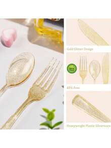 150pcs Gold Glitter Reusable Party Tableware Set - Includes 50 Forks, 25 Knives, 25 Spoons - Reusable Washable Cutlery Set For Party, Holiday Celebration, Dinner, Wedding, Kitchen, Valentine's Day - Multicolor - View 7