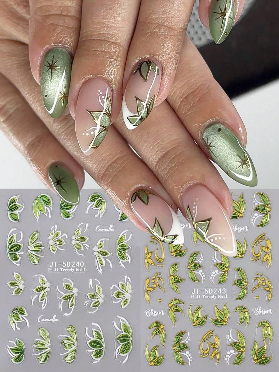 2pcs 5D Shining Green Camellia Nail Stickers Relief Flowers Leaf Plant Nail Art Decorations High-Quality Waterproof Self-Adhesive Stickers DIY Nail Salon Supplies - Multicolor - View 1