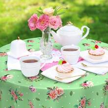 Kinlop 6 Pcs Plastic Round Tea Party Tablecloths 70\ Floral Table Cloth Decorative Disposable Outdoor Flower Table Cover Disposable Summer Tabletop For Partys Picnic (Tea Party,Cute Color) - 66茶黨 - 查看 7