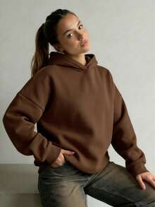简约设计，女士舒适宽松长款纯色卫衣，适合秋冬季节，衣橱必备，休闲穿着，办公休闲两相宜，显瘦休闲上衣，柔软舒适，假日必备，女士春季服装，女士冬季服装，女士外套，时尚百搭，女士卫衣，咖啡棕色 - 咖啡棕 - 查看 4