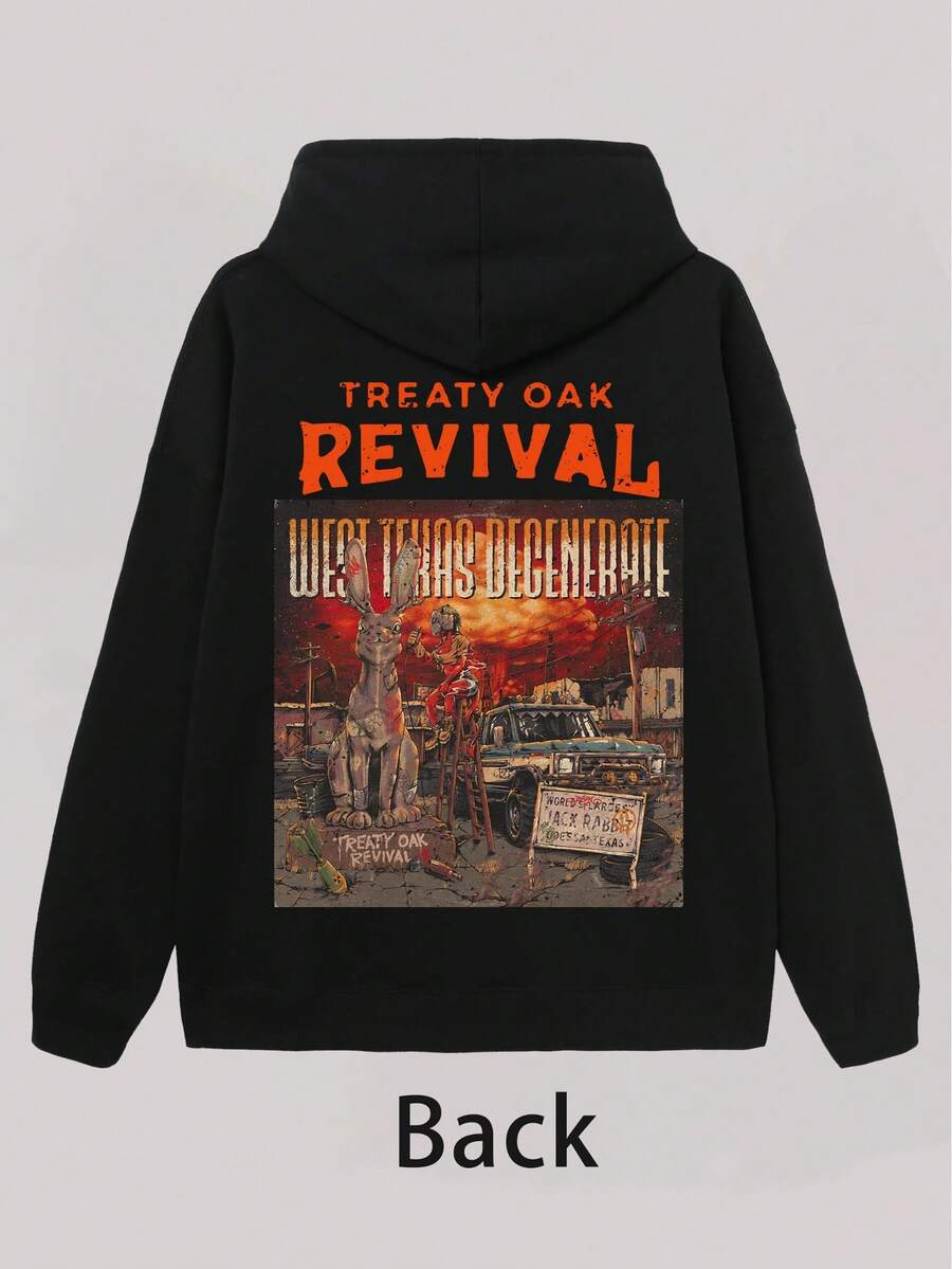 Men's "TREATY OAK REVIVAL" Patterned Hoodie, Retro Street Style, Casual Long-Sleeved Sweatshirt, Y2K, Country Rock Style, Fashionable Street Hoodie, Winter Men's Outerwear, A Great Gift For A Friend. - 黑色 - 查看 1