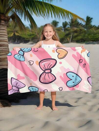 1pc Kids Beach Towel, Bow Decor Beach Towel, Polyester Material, Digital Printing, Suitable For Bathroom, Face Towel, Beach, Girls, Shower, Multiple Sizes Available, Color: Pink