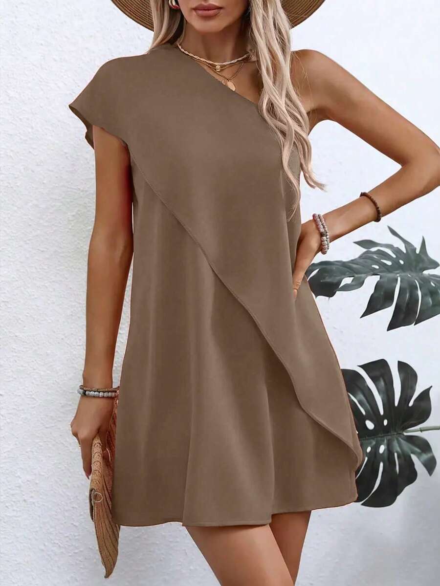 Lightweight Polyester Asymmetric Off-Shoulder Dress - Women's Fitted Style, Casual - Coffee - View 1