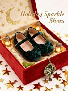 1双时尚深绿色平底鞋，天鹅绒蝴蝶结玛丽珍鞋，优雅公主风，适合派对礼服、节日庆典、生日派对等场合。 - 綠色 - 查看 3