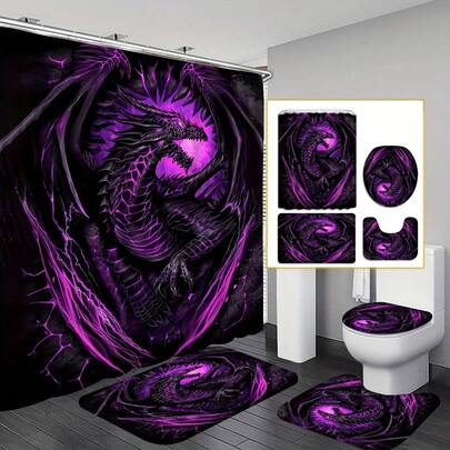 1/4 Piece Waterproof Dragon Pattern Bathroom Accessory Set, Including Anti-Slip Bath Curtain, Toilet Lid Cover, Bath Mat, Bathtub Curtain, 12 Hooks, 180*180 Cm / 70.8*70.8 Inches