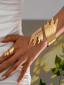 2pcs Asymmetrical Wide Bracelet & Ring Set, Unique Design Suitable For Women Street & Party Wear - Gold - View 6