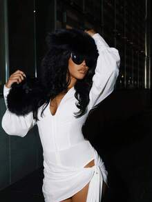 Women's White Deep V-Neck Long Sleeve Bodycon Midi Dress With High Side Slit - Figure-Hugging Cocktail Dress For Evening Glamour & Date Night - 白色 - 查看 2