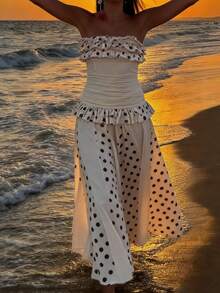 Womens Two Piece Summer Outfits Strapless Ruffle Tube Tops And Long Skirt Set Beachwear - 白色 - 查看 7