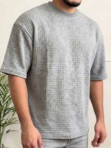 Men's Casual Short Sleeve Plaid Knit Fabric Design, Simple & Comfortable Style Suitable For Work And Home Wear - Grey - View 2