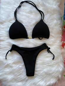 Ribbed Triangle Bikini Bottom, Double String Bikini Bottom, Semi-Thong - Negro - Ver 3