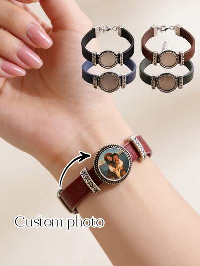 1pc Personalized Bracelet, Custom Couple Bracelet For Men And Women, Personalized Photo Leather Bracelet, Inspiring Memorial Gift Customized For Boyfriend, Vintage Style, Unisex, Suitable For Graduation, Father's Day Celebrations, Parties, And Proms, Suitable For Men, Mothers, Daughters, Girlfriends, Husbands, And Fathers, Birthday Gift, Anniversary Gift, Valentine's Day Gift, Father's Day Gift, Available In Black, Pink, Blue, And Purple
