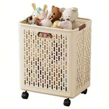 Cream White Foldable Laundry Basket With Wheels, Hollow Out Breathable Rolling Hamper For Dirty Clothes Storage - Beige 1PC - View 7