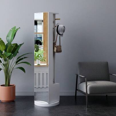 EZSSW Drehbarer Ganzkörperspiegel mit Kleiderstange, drehbarer Garderobenständer mit 360°-Drehung, Garderobenständer mit Schubladen und Spiegelablage, Ganzkörperspiegel für Wohnzimmer, Schlafzimmer, Kleiderschrank