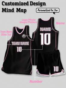 2pcs Personalized Basketball Jersey- Club Name,Number&Logo Print Tank Top+Shorts Sports Set ,Ideal Gifts For Family,Friends,For Competition. Black - Black - View 1