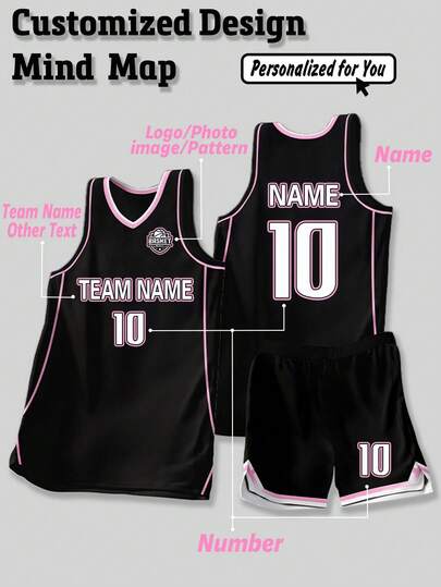 2pcs Personalized Basketball Jersey Set - Customized Club Name, Number And Logo Print Tank Top + Shorts Sports Suit, Fashionable, Casual, Personalized, Unique Gift, Suitable For Men, Boyfriend, Family, Friends, Birthday, Holiday, School/Match, Sports/Climbing Black Summer ,Yoga Friendly
