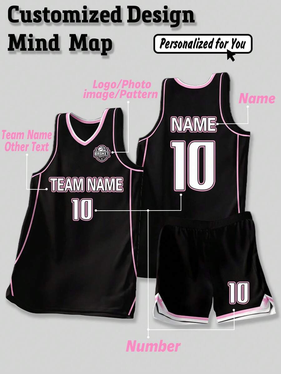 2pcs Personalized Basketball Jersey- Club Name,Number&Logo Print Tank Top+Shorts Sports Set ,Ideal Gifts For Family,Friends,For Competition. Black - Black - View 1
