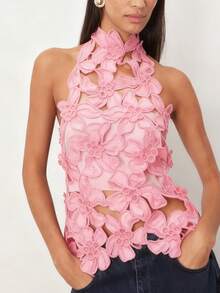Womens Halter Neck 3D Floral Appliqué Top Featuring A Chic High Neck Design To Sculpt A Flattering Silhouette Perfect For Summer Music Festivals Night Out Clubwear Parties And Fashionable Social Vacation Outings - 粉色 - 查看 3