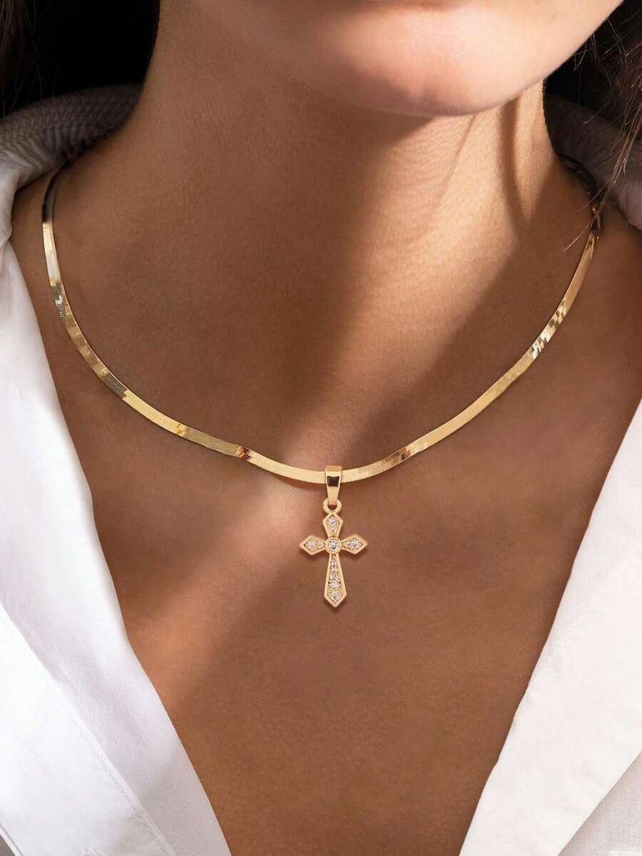 1pc Women's Pendant Necklace, Minimalist Layered Style, Stainless Steel Flat Chain With Cubic Zirconia Cross Pendant, Versatile Daily Wear, Gift Accessory - Yellow Gold - View 1