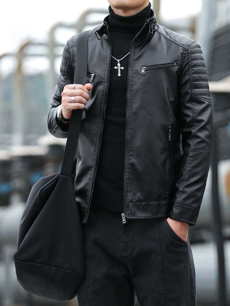 Men's Front Zipper Long Sleeve Minimalist Leather Jacket, Fashion - Black - View 1