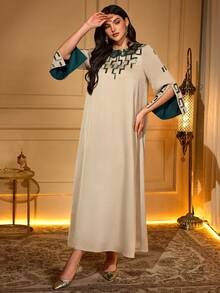 Solessence Women's Round Neck Contrast Color Open Back Long Sleeve Embroidered Beaded Elegant Dress Spring - Apricot - View 6
