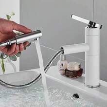 新款双旋转抽拉式白色浴室水槽龙头，冷热水混合龙头，适用于盥洗台、厨房，通用型 - 白色 - 查看 8