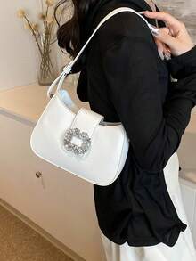 Mini Shoulder Bag With Rhinestone Decor Underarm Bag, Multifunctional And Fashionable Rhinestone Sparkling Saddle Underarm Bag PU Texture Bag Wallet Fashion Multifunctional Long Bag - White - View 4