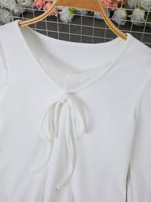 春季新款温柔蕾丝拼接蝴蝶结长袖女式衬衫，修身显瘦 - 白色 - 查看 9