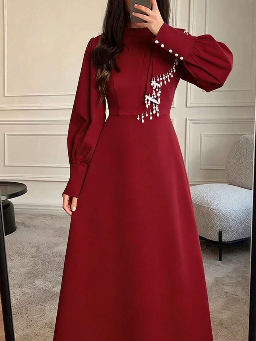 Stylish Red Long Arabian Dress With Stand Collar Puffed Sleeves And Unique Beaded Fringe Accent - Red - View 1