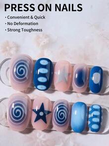 24pcs Short Oval Star & Polka Dot Nail Stickers, French Tip Design, Short Size Perfectly Fits Acrylic Nails, Includes: 1pc Jelly Gel And 1pc Nail File - Multicolor - View 2