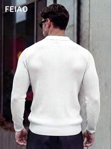 男士复古风格旧硬币美学轻薄半透明条纹长袖polo衫，拉链前襟设计，四季皆宜的百搭休闲风格 - 白色 - 查看 4