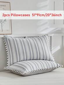 1/2 件装极简条纹印花涤纶枕套，带绒球流苏，柔软透气，现代沙发抱枕套，不含枕芯 - 灰色 - 查看 22