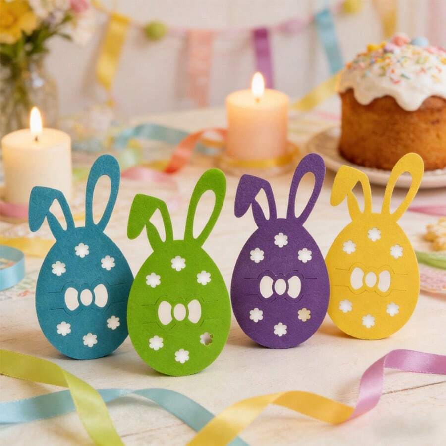 4pcs Easter Bunny Cutlery Holders, Felt Easter Egg Shaped Design, Multi-Color, Felt Easter Decor, Suitable For Easter Holiday, Party, Gathering Spring Tabletop Decor, Placemats, Napkin Holders - Yellow - View 1