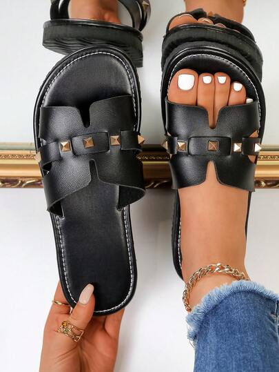 Women's Flat Sandals, Open Toe Hollow-Out Design, Casual Summer Beach Shoes, Fashionable Style, Women's Fashion Beach Slippers, Plus Size Sandals, Suitable For Outdoor Vacation Wear; Open Toe Slippers; Lightweight Summer Slippers