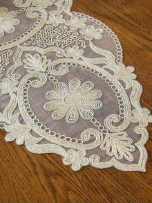 HXARTMIS 1pc Coffee-Color Polyester Lace Table Runner, Exquisite Floral Design, Fashionable & Luxurious, Suitable For Vanity, Shoe Cabinet, Coffee Table, Dining Table, Small Appliances Dust Cover, Hotel, Cafe, Wedding Party, Mother's Day, Carnival, Christmas And Other Themed Events Decoration, Size: 15.7x35.4inch - Champagne - View 6