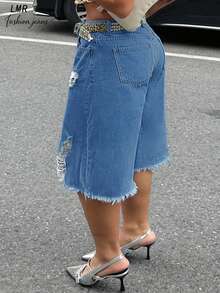 Quần short Bermuda denim dáng rộng cạp trung bình dành cho nữ, kiểu dáng retro rách tua rua, thích hợp mặc mùa hè. - Rửa trung bình - Xem 5