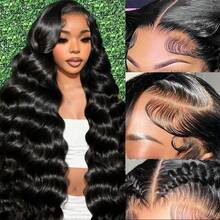 13x6/13x4 高清蕾丝前假发，真人发混纺，自然波浪卷，34英寸 - 200%高密度预拔毛无胶假发，透明蕾丝，女士款，自然色，无需胶水，即戴即用 - 自然色&黑色系 - 查看 5