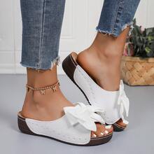 Women's Elegant Sandals With Bowknot, Thick Wedge Heel, Comfortable Versatile Beach Vacation Sandals, Fashionable Slides - White - View 5