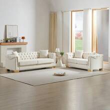Chesterfield Velvet 3 Seater Sofa & 2 Seater Sofa Set, Moderm Sofa Couch Set With Rolled Arms And Button Tufted Back, Luxury Upholstered Living Room Furniture, Classic Modern Couch For Apartment Home Office, Deep Seat Sofa With Spring Cushions, Solid Wood Frame - 米色 - 查看 1