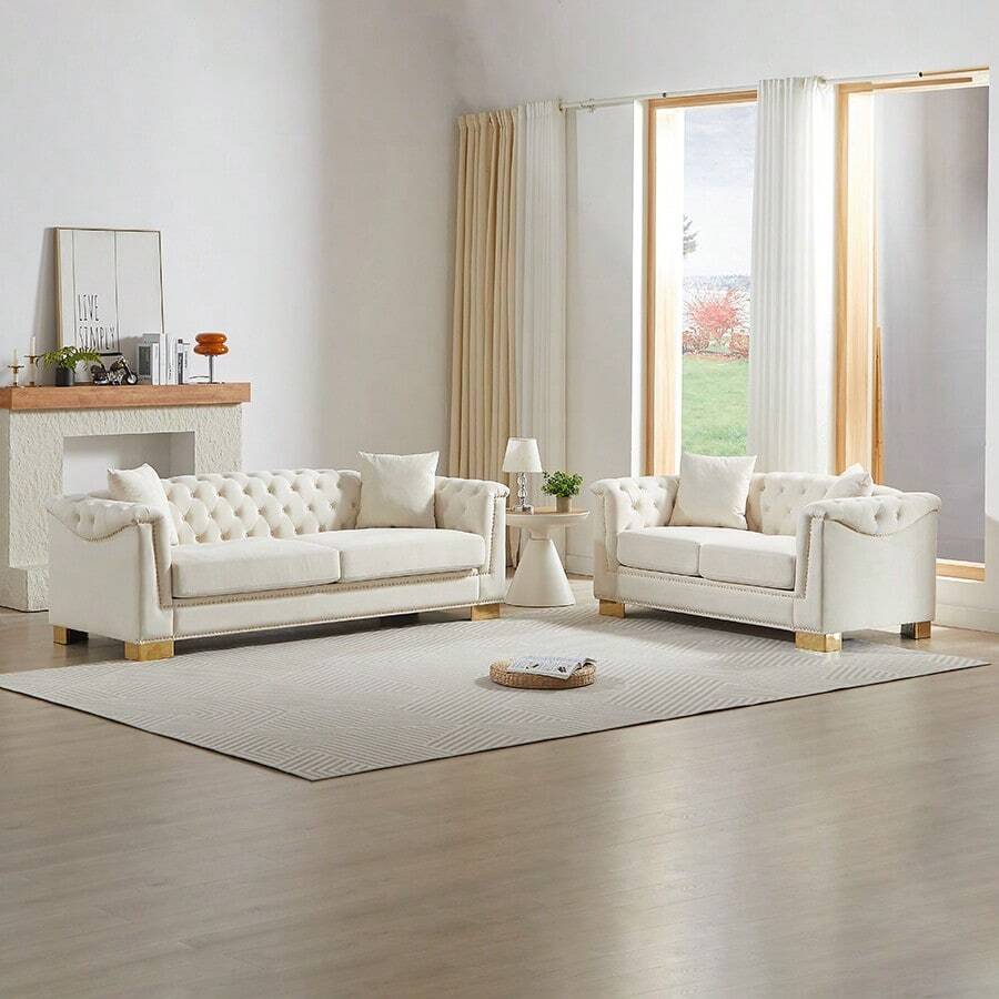 Chesterfield Velvet 3 Seater Sofa & 2 Seater Sofa Set, Moderm Sofa Couch Set With Rolled Arms And Button Tufted Back, Luxury Upholstered Living Room Furniture, Classic Modern Couch For Apartment Home Office, Deep Seat Sofa With Spring Cushions, Solid Wood Frame - 米色 - 查看 1