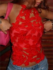 Womens Halter Neck 3D Floral Appliqué Top Featuring A Chic High Neck Design To Sculpt A Flattering Silhouette Perfect For Summer Music Festivals Night Out Clubwear Parties And Fashionable Social Vacation Outings - Đỏ - Xem 1