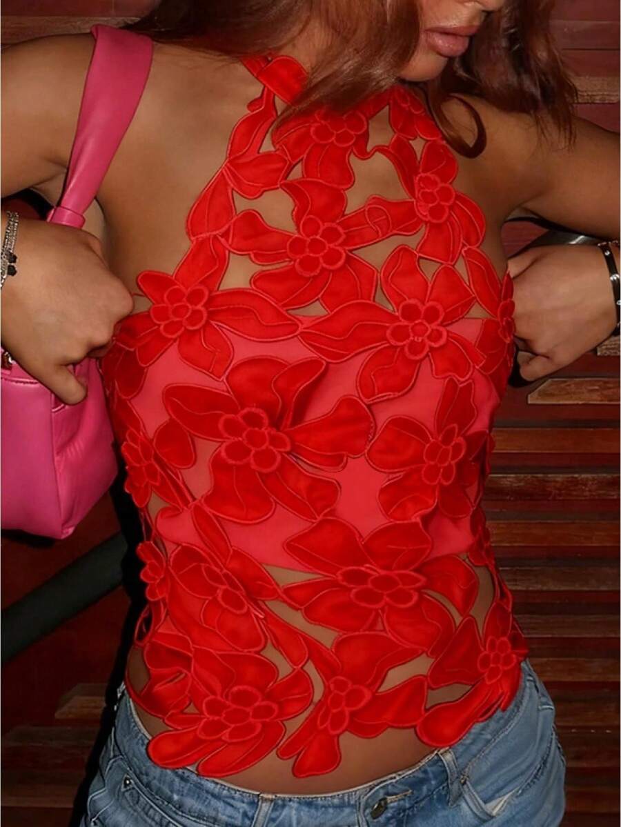 Womens Halter Neck 3D Floral Appliqué Top Featuring A Chic High Neck Design To Sculpt A Flattering Silhouette Perfect For Summer Music Festivals Night Out Clubwear Parties And Fashionable Social Vacation Outings - Đỏ - Xem 1
