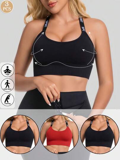 3pcs Women Seamless Colorblock Letter Print Sexy Criss-Cross Back Tight Fit Sports Bra, Seamless Comfortable Removable Pads Adjustable Straps, Suitable For Daily Wear, Fitness, Yoga