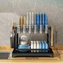 1 Set Black Dish Drying Rack, Large Stainless Steel Dish Rack With Drip Tray, Cup Holder And Cutlery Holder - 2-Tier Dish Rack For Countertop, Saves Dishwasher, Kitchen And Sink Solution, Apartment Essential, Kitchen Organizer With Cutlery Holder - Multicolor - View 10