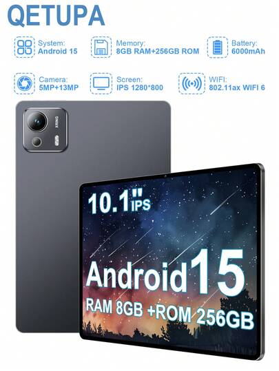 Qetupa Tablet Android 15, Novo Modelo 2026 de 10,1 Polegadas A29, Processador T310 8-Núcleos 2,0 GHz, 8GB RAM + 256GB ROM (Suporta Expansão de Cartão SD de 1TB), Tela de Toque IPS HD 1280*800, Câmera Frontal 5MP + Câmera Traseira 13MP, Bateria 6000mAh, Wi-Fi 802.11ax 6, Bluetooth 5.2, GPS, Porta de Carregamento Tipo-C - Tablet para Adultos