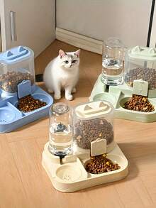 2-In-1 Cat Food And Water Bowls Set, Dry And Wet Separation, Durable Plastic Material, Pet Feeding And Watering Station, Easy To Clean, Suitable For Various Pets To Supplement Water And Healthy Feeding. - 500ml - View 1