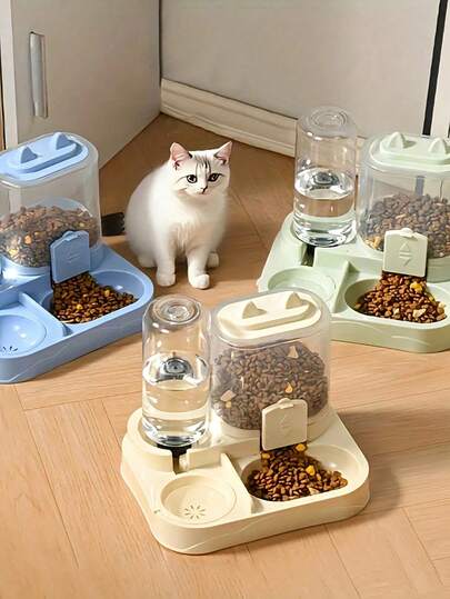 2-In-1 Cat Food And Water Bowls Set, Dry And Wet Separation, Plastic Material, Pet Feeding And Watering Station, Easy To Clean, Suitable For Various Pets To Supplement Water And Healthy Feeding.
