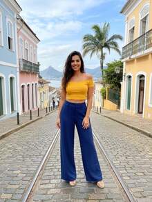 Simples    Bolso  Cintura contrastada  Zíper    Casa - Azul Marinho - Visão 4